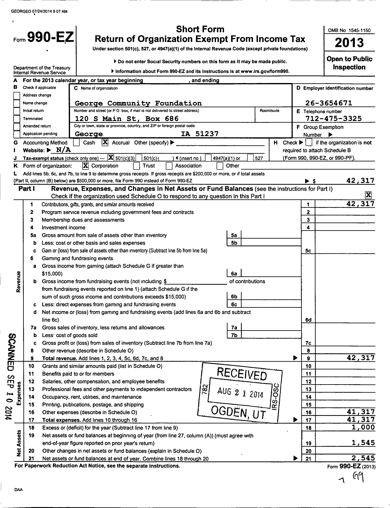 Image of first page of 2013 Form 990EZ for George Community Foundation Debruin