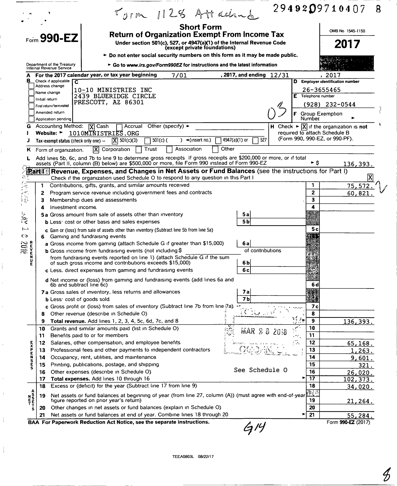 Image of first page of 2017 Form 990EZ for 10-10 Ministries