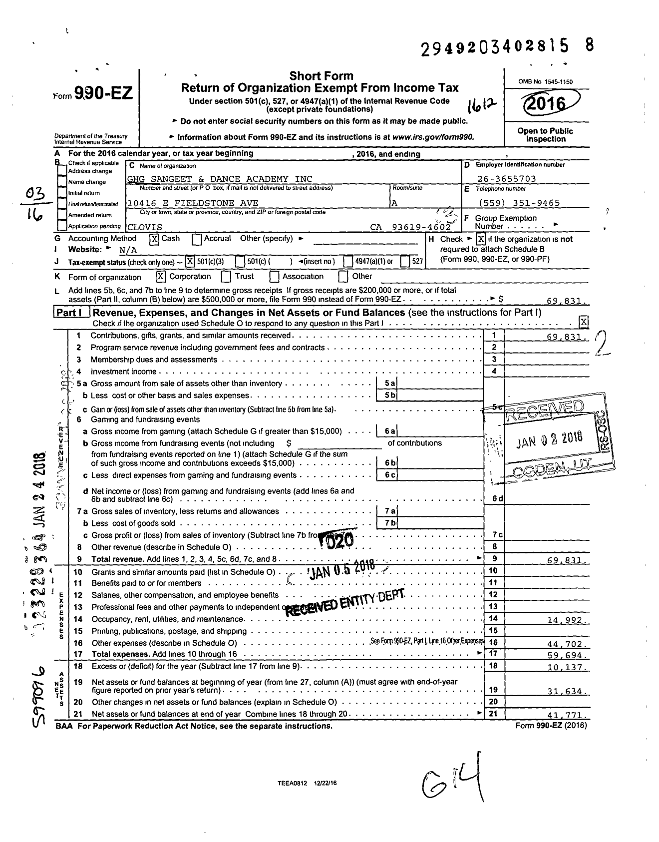 Image of first page of 2016 Form 990EZ for GHG Sangeet and Dance Academy