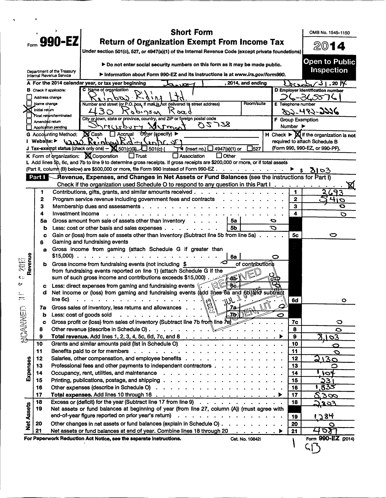 Image of first page of 2014 Form 990EZ for Reinbow Riding
