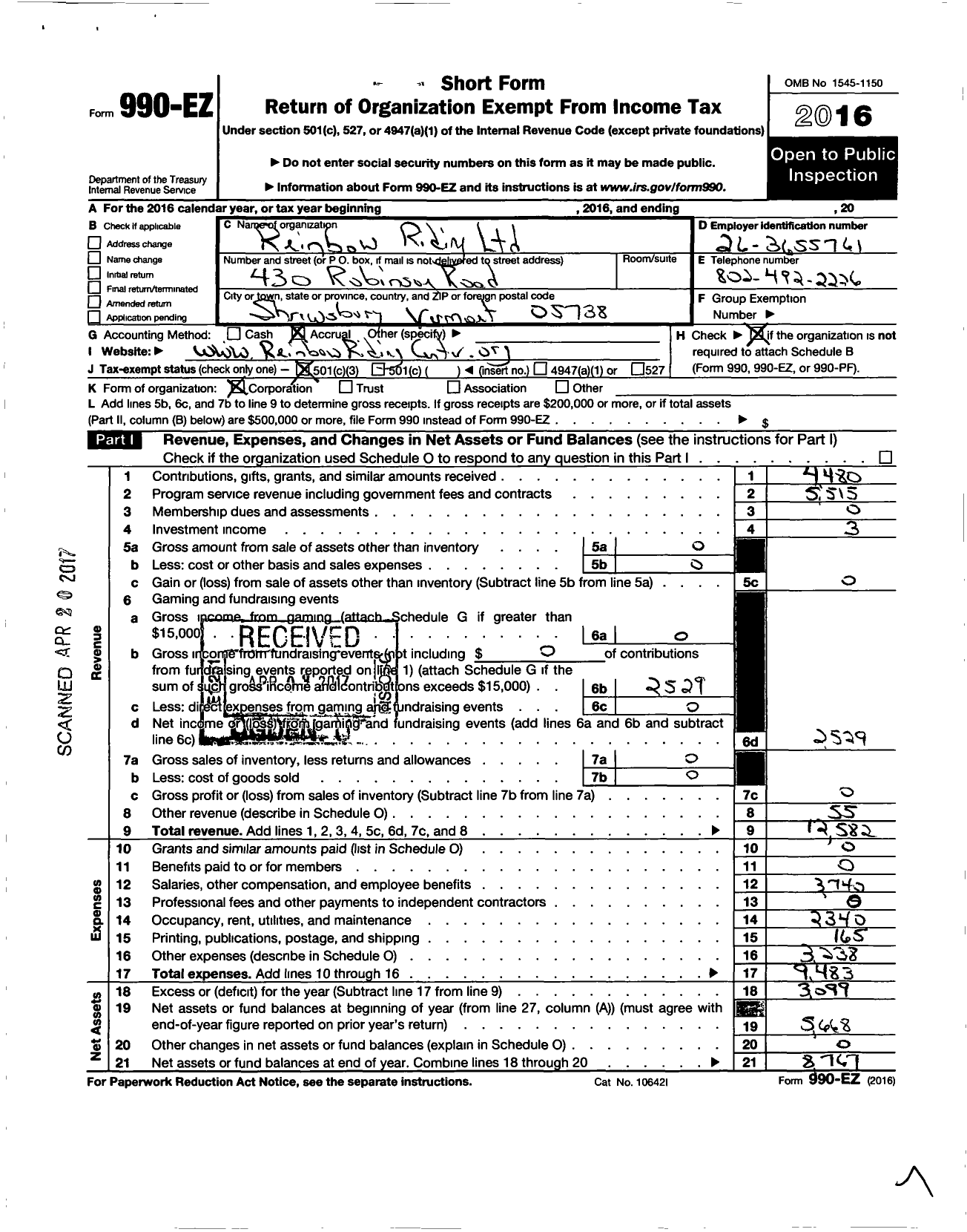 Image of first page of 2016 Form 990EZ for Reinbow Riding