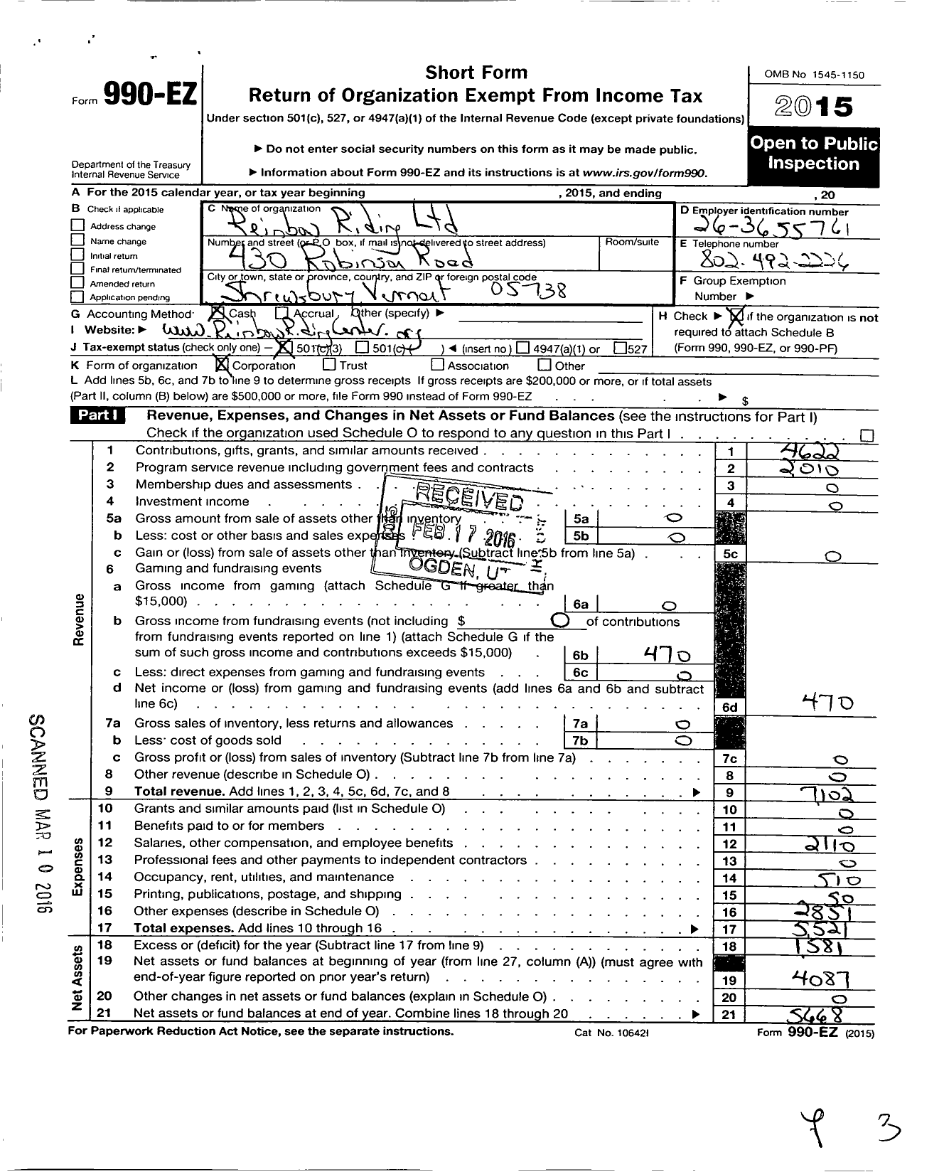 Image of first page of 2015 Form 990EZ for Reinbow Riding