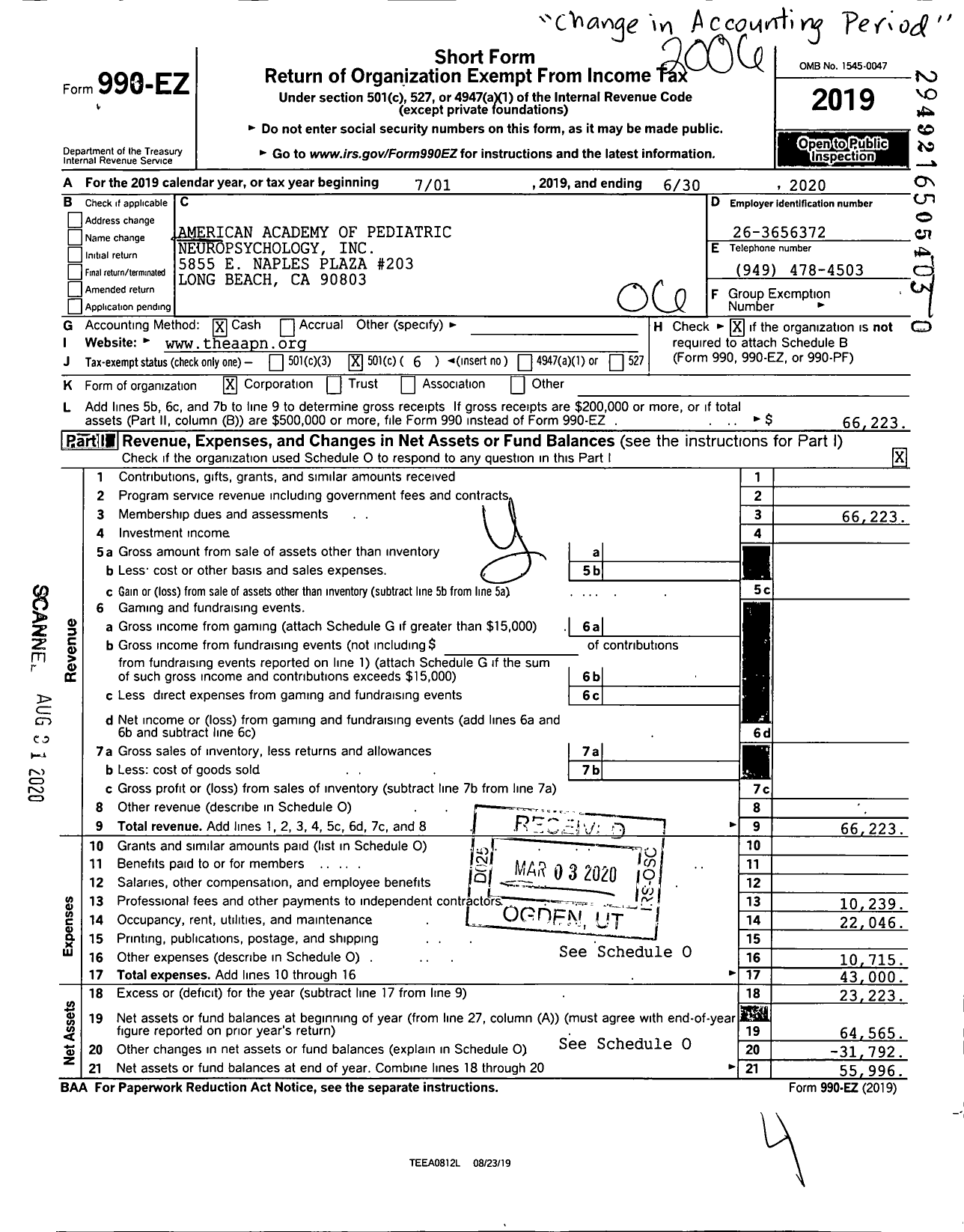 Image of first page of 2019 Form 990EO for American Academy of Pediatric Neuropsychology