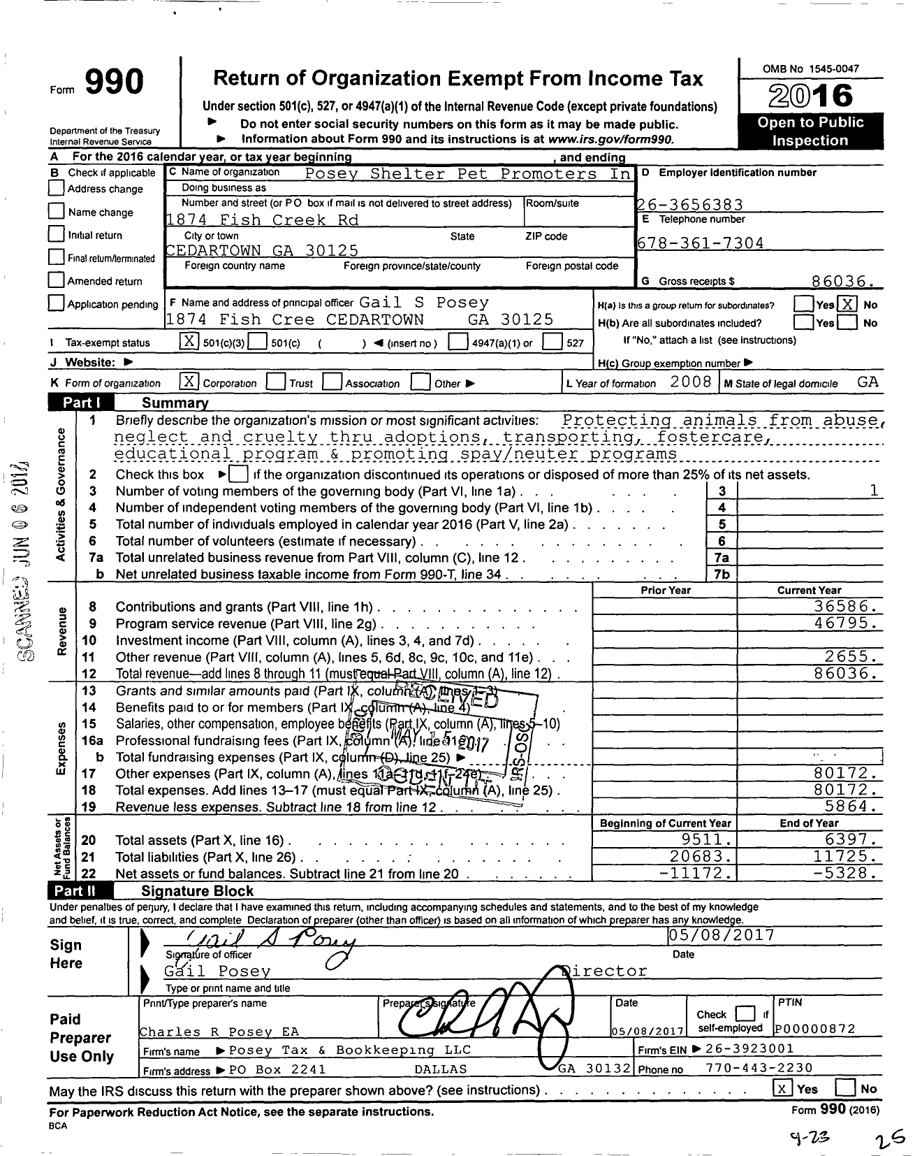 Image of first page of 2016 Form 990 for Posey Shelter Pet Promoters