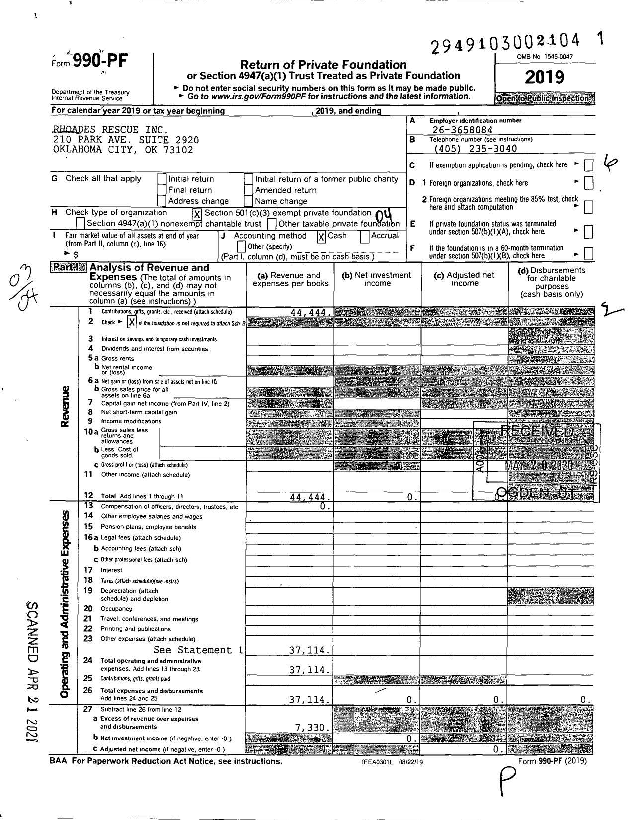 Image of first page of 2019 Form 990PF for Rhoades Rescues