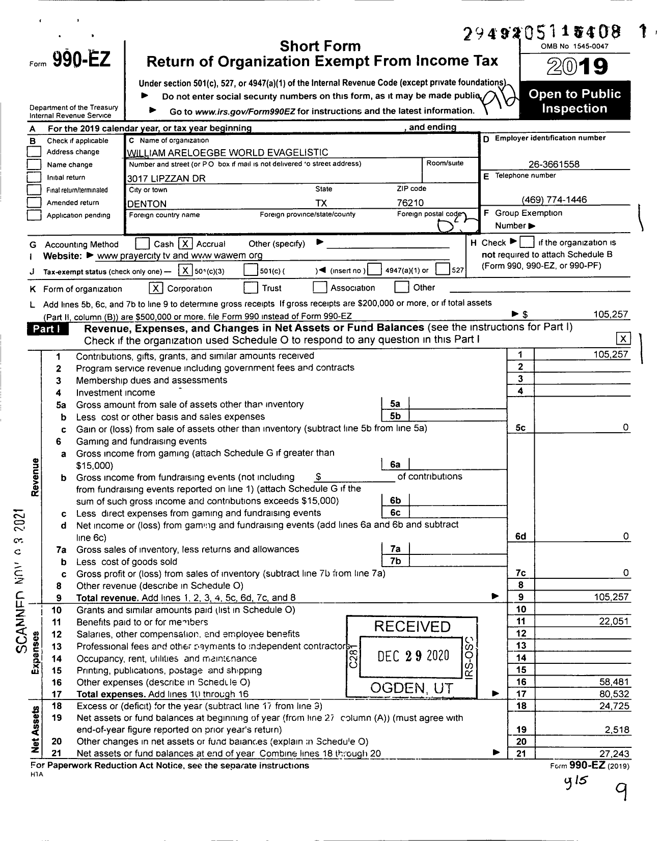 Image of first page of 2019 Form 990EZ for Williams Areloegbe World Evangelism