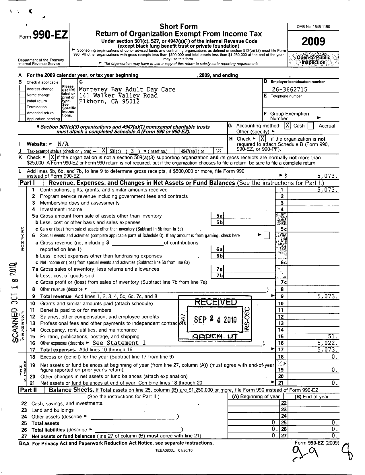 Image of first page of 2009 Form 990EZ for Monterey Bay Adult Dav Care