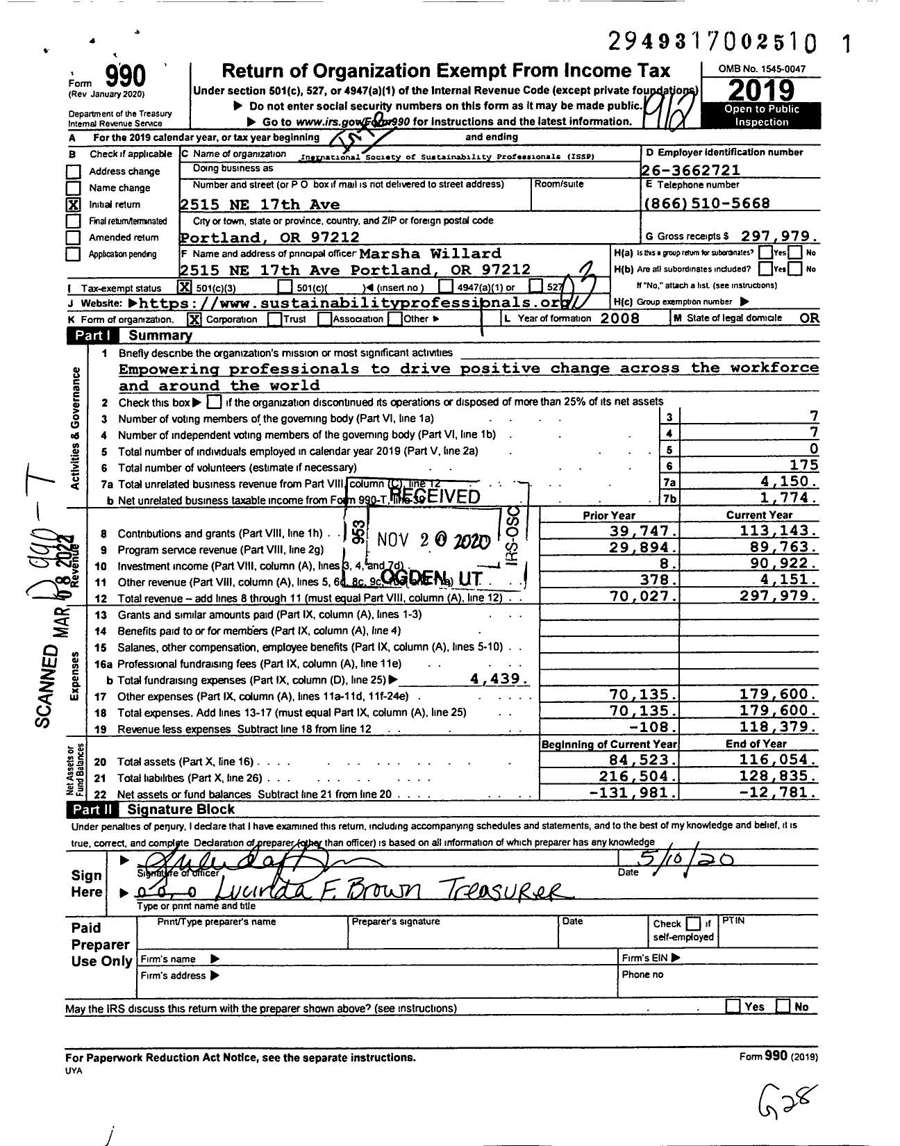 Image of first page of 2019 Form 990 for International Society of Sustainability Professionals