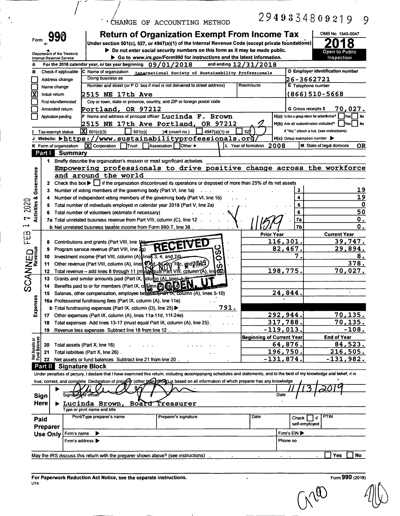 Image of first page of 2018 Form 990 for International Society of Sustainability Professionals