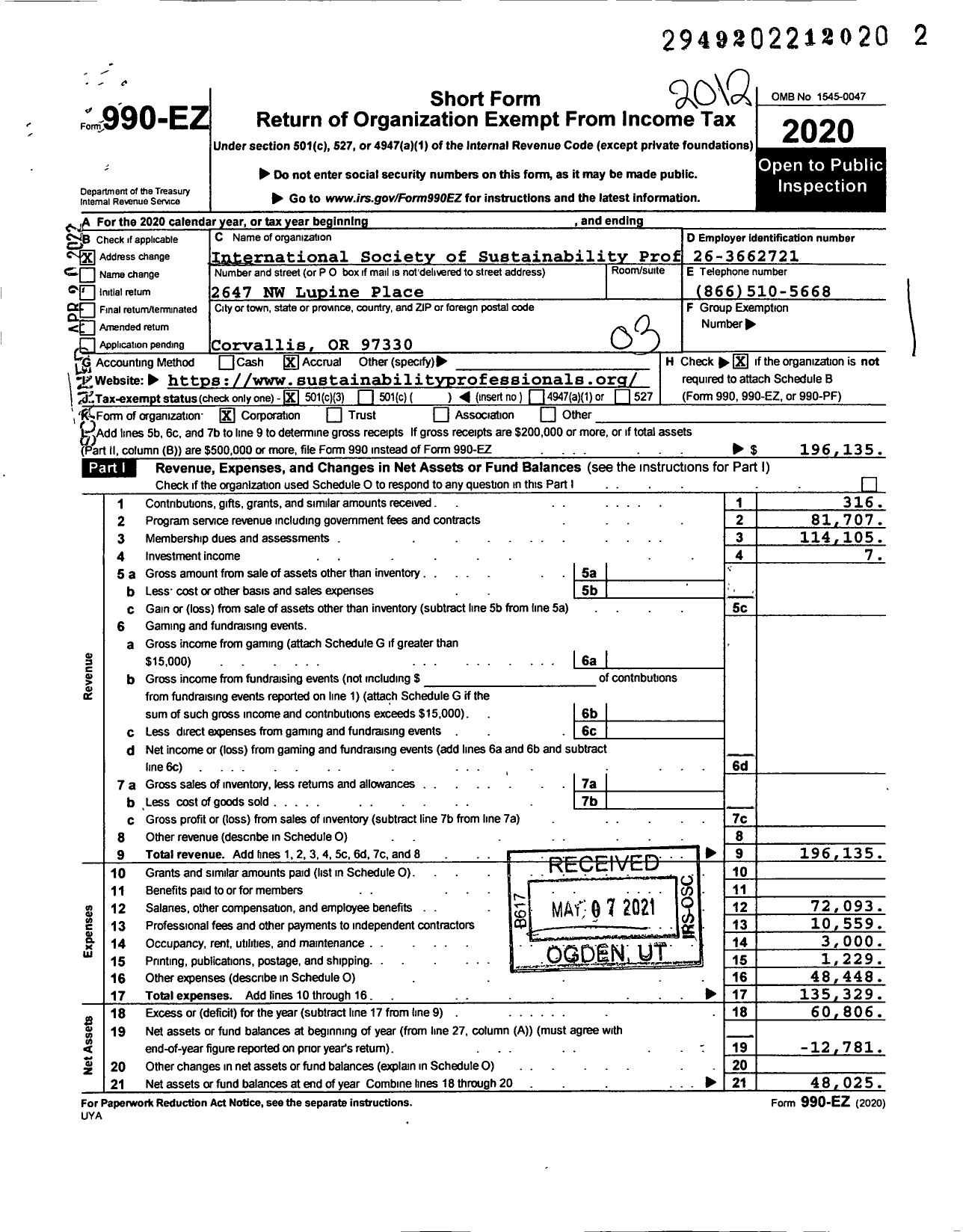 Image of first page of 2020 Form 990EZ for International Society of Sustainability Professionals