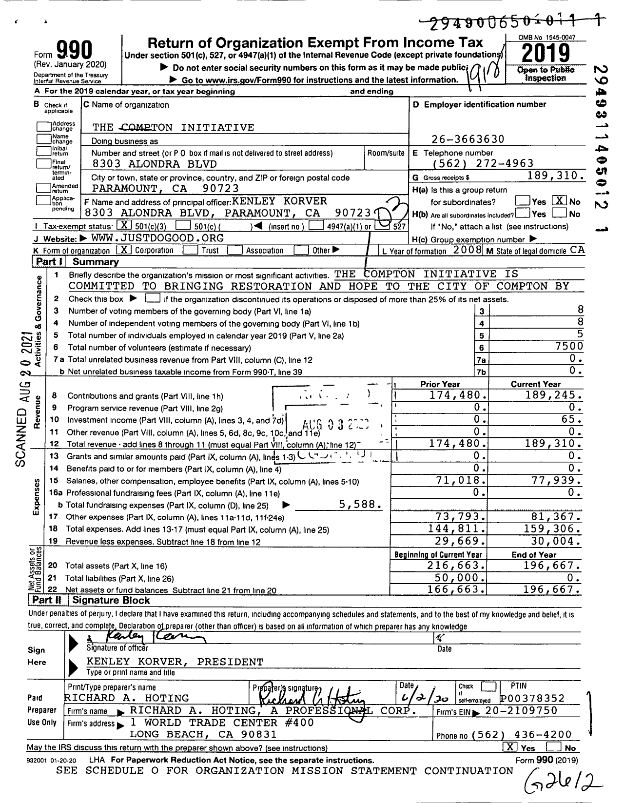 Image of first page of 2019 Form 990 for The Compton Initiative