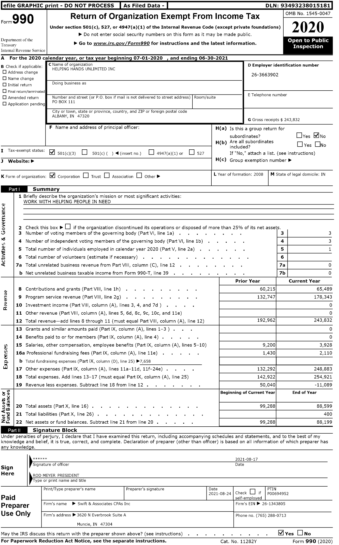 Image of first page of 2020 Form 990 for Helping Hands Unlimited