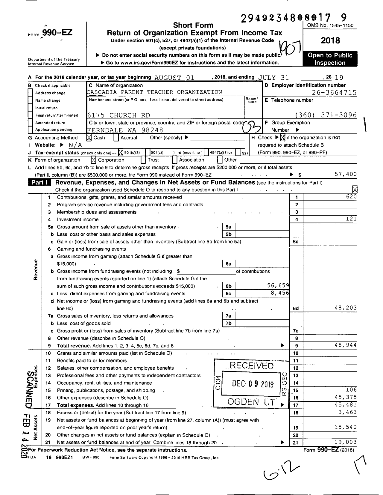 Image of first page of 2018 Form 990EZ for Cascadia Elementary PTO