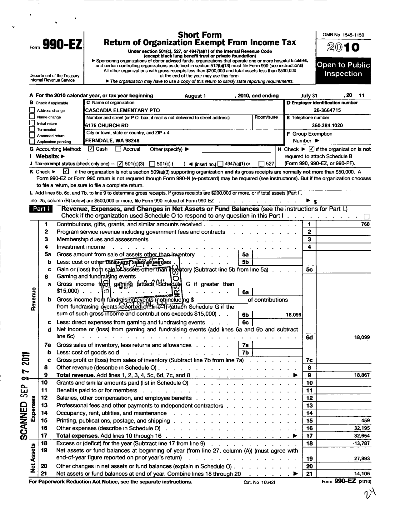 Image of first page of 2010 Form 990EZ for Cascadia Elementary PTO