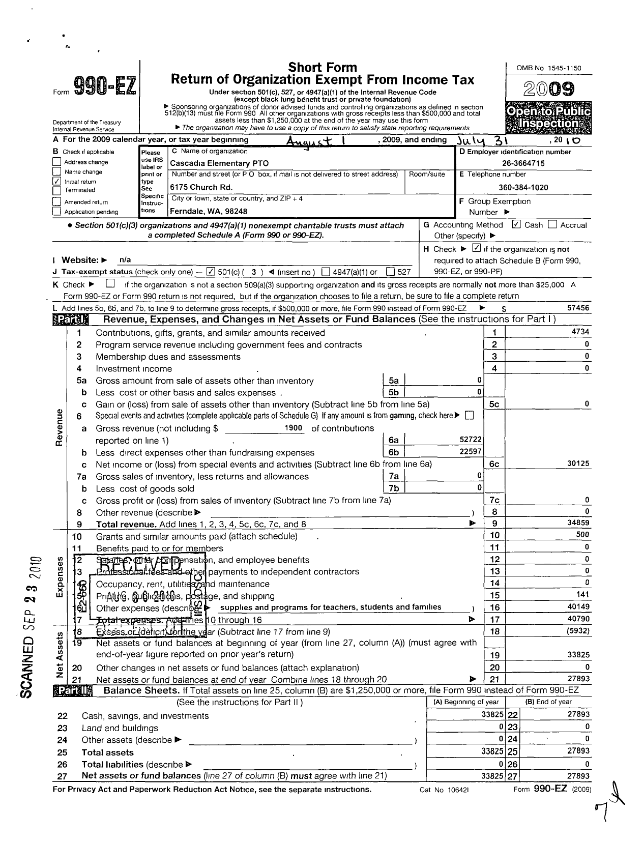 Image of first page of 2009 Form 990EZ for Cascadia Elementary PTO