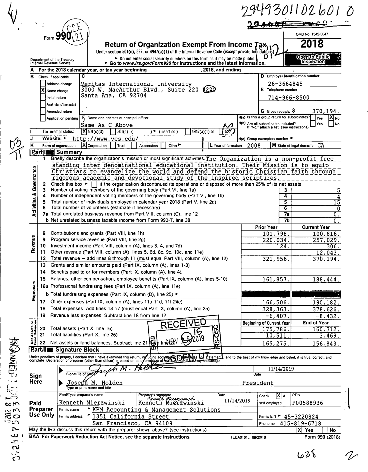 Image of first page of 2018 Form 990 for Veritas International University