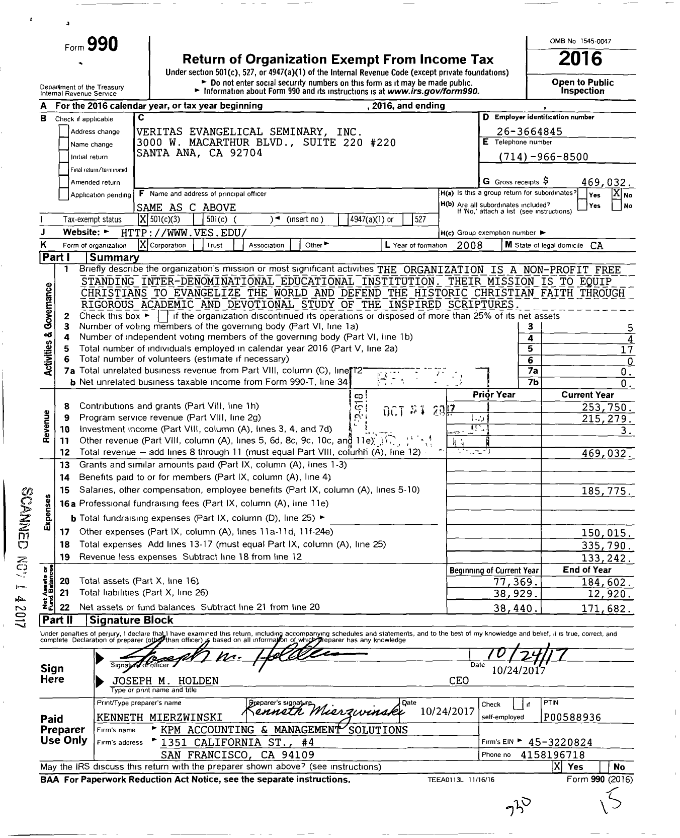 Image of first page of 2016 Form 990 for Veritas International University