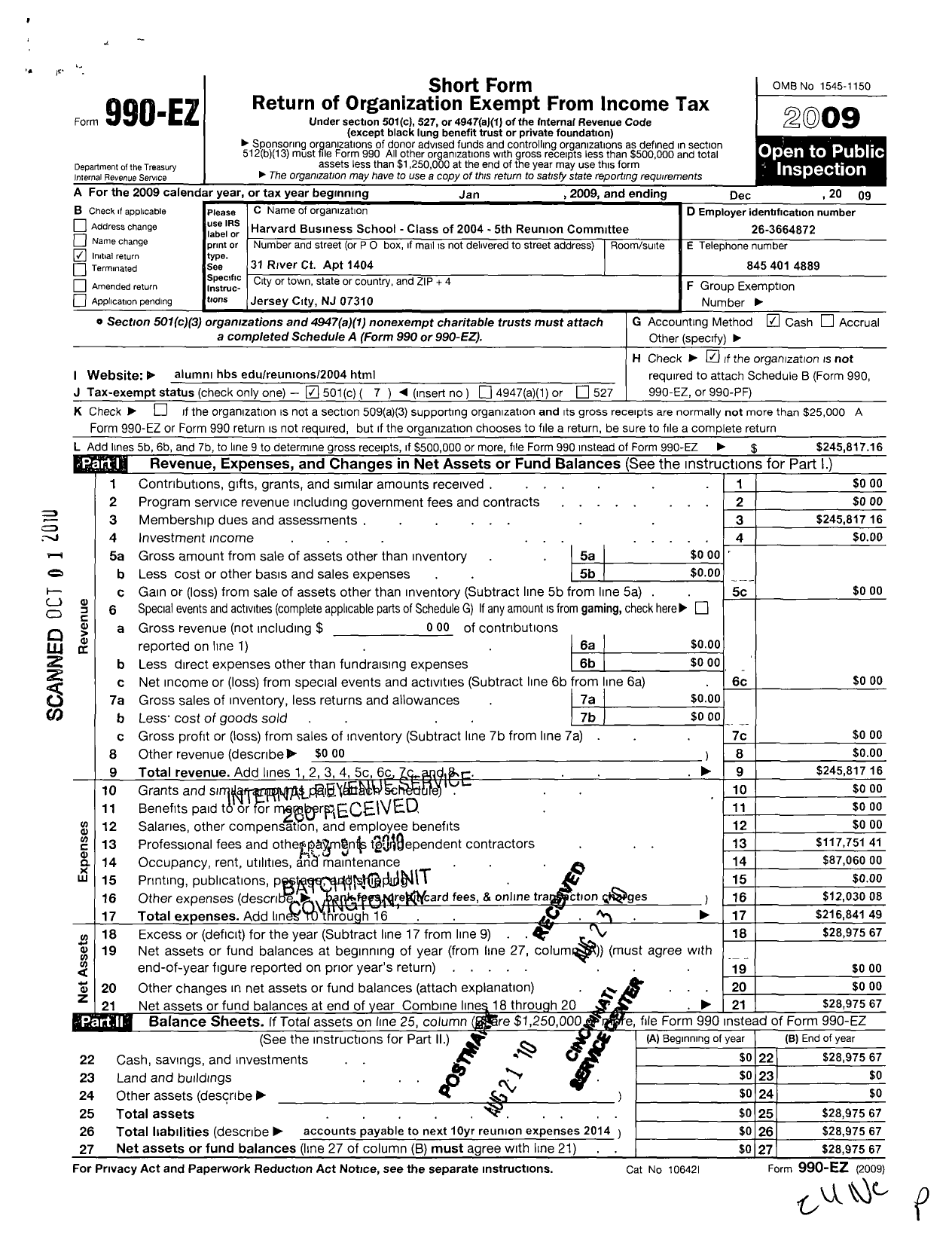 Image of first page of 2009 Form 990EO for HBS Class of 2004