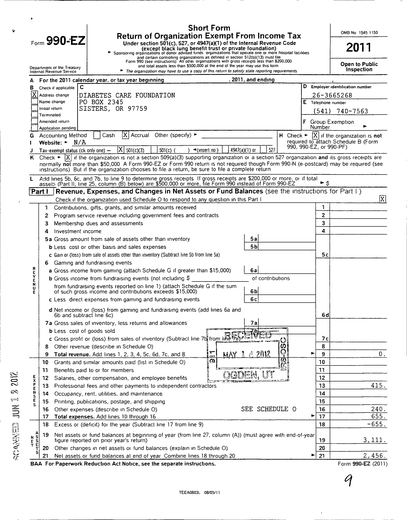 Image of first page of 2011 Form 990EZ for Diabetes Nation