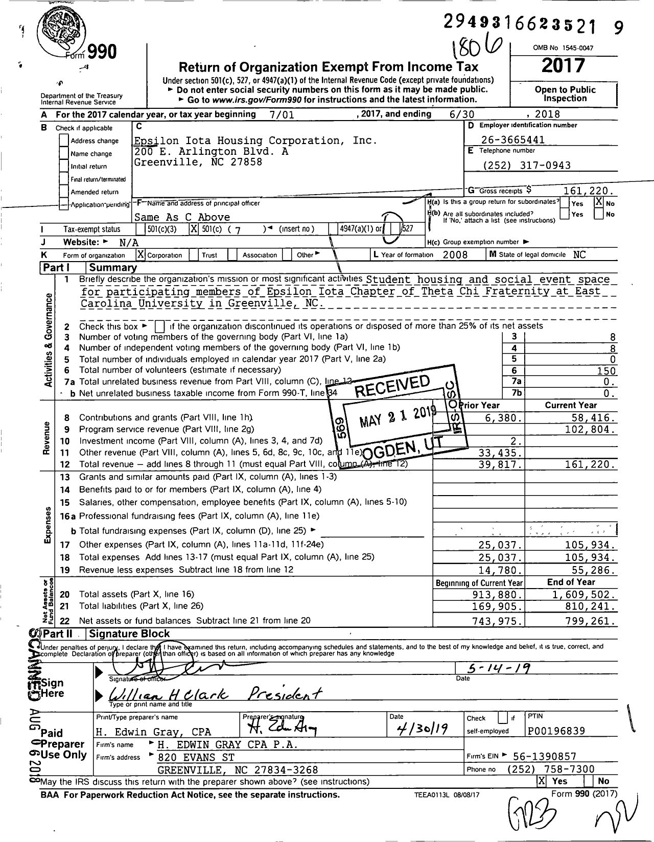 Image of first page of 2017 Form 990O for Epsilon Iota Housing Corporation