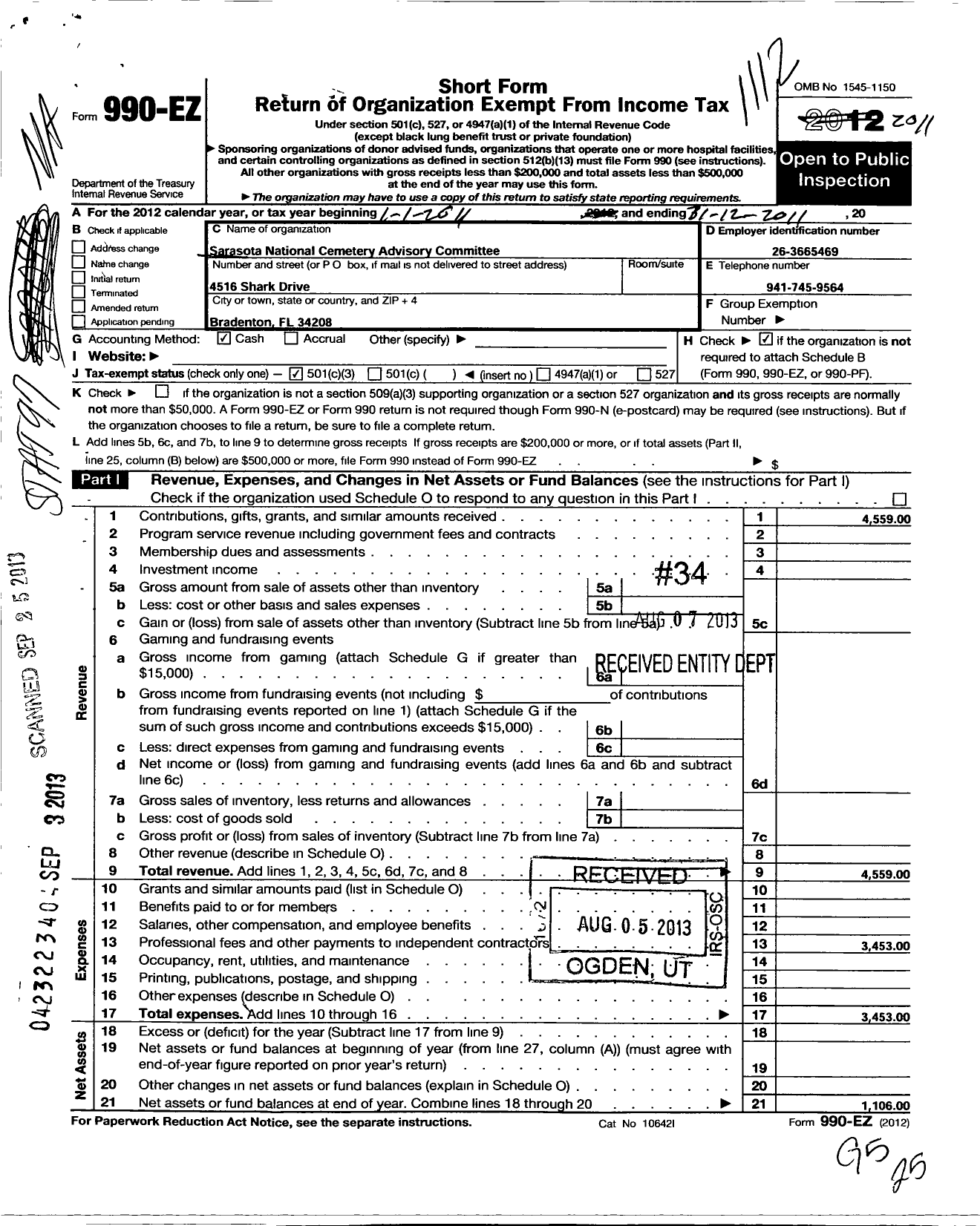 Image of first page of 2011 Form 990EZ for Sarasota National Cemetery Advisory Committee