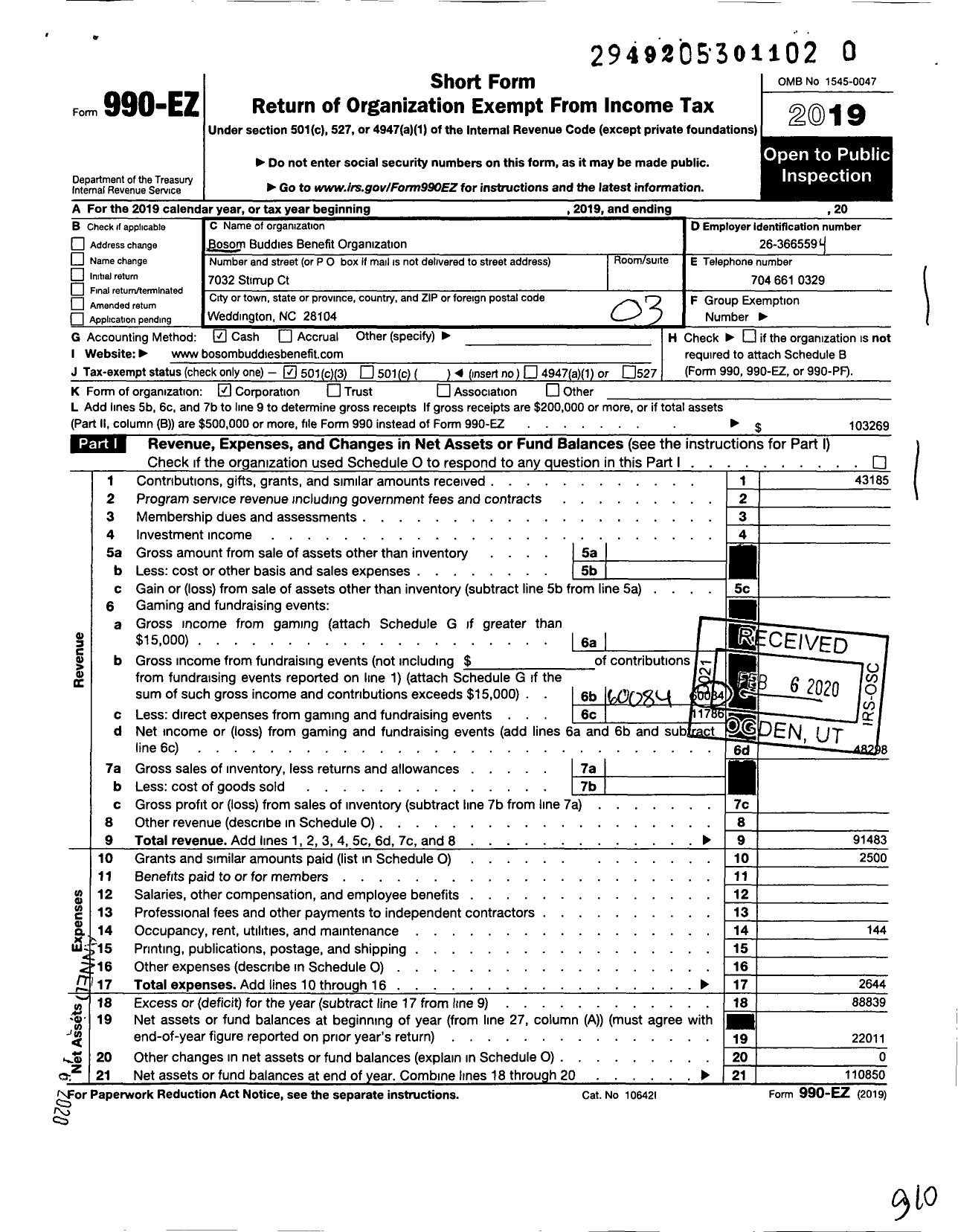 Image of first page of 2019 Form 990EZ for Bosom Buddies Benefit Organization