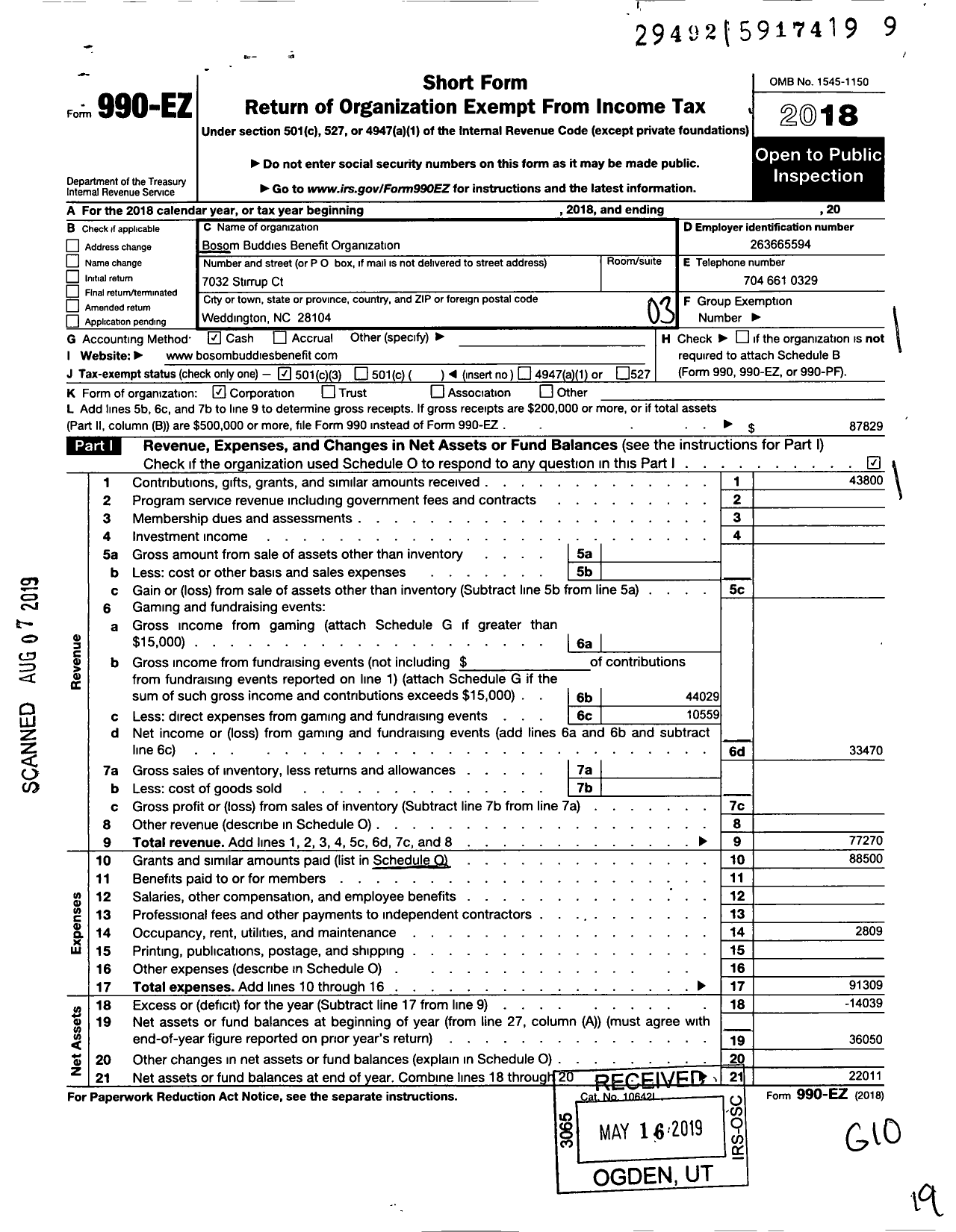 Image of first page of 2018 Form 990EZ for Bosom Buddies Benefit Organization