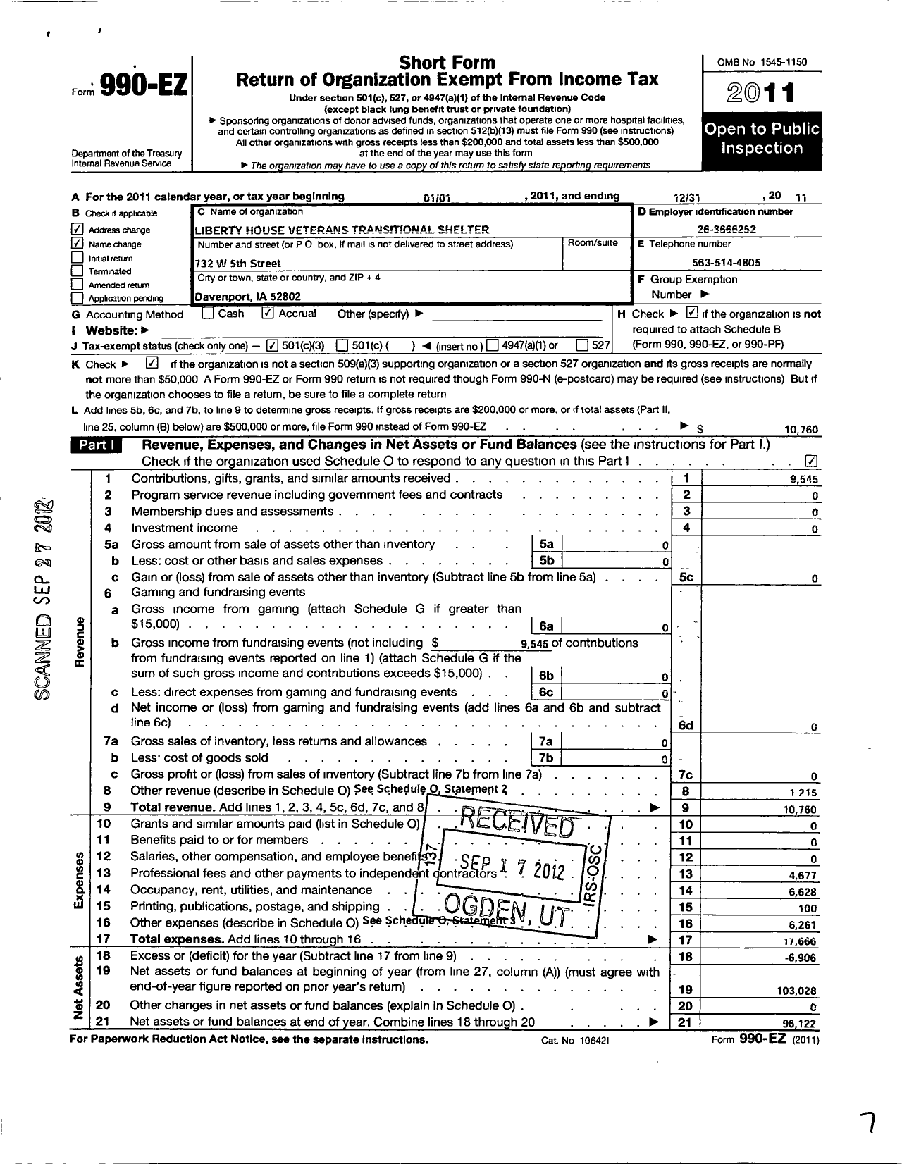 Image of first page of 2011 Form 990EZ for Liberty House Veterans Transitional Shelter