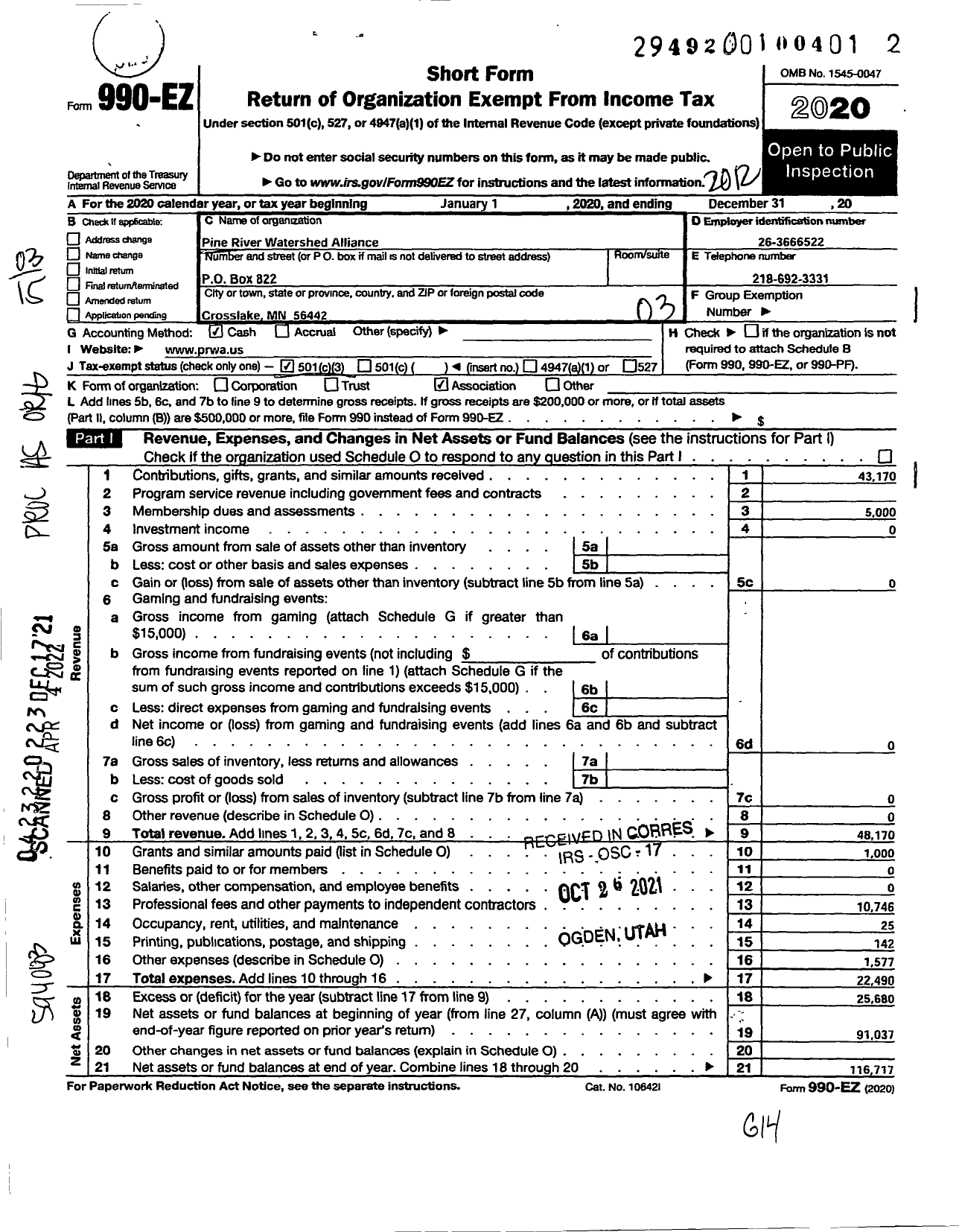 Image of first page of 2020 Form 990EZ for Pine River Watershed Alliance