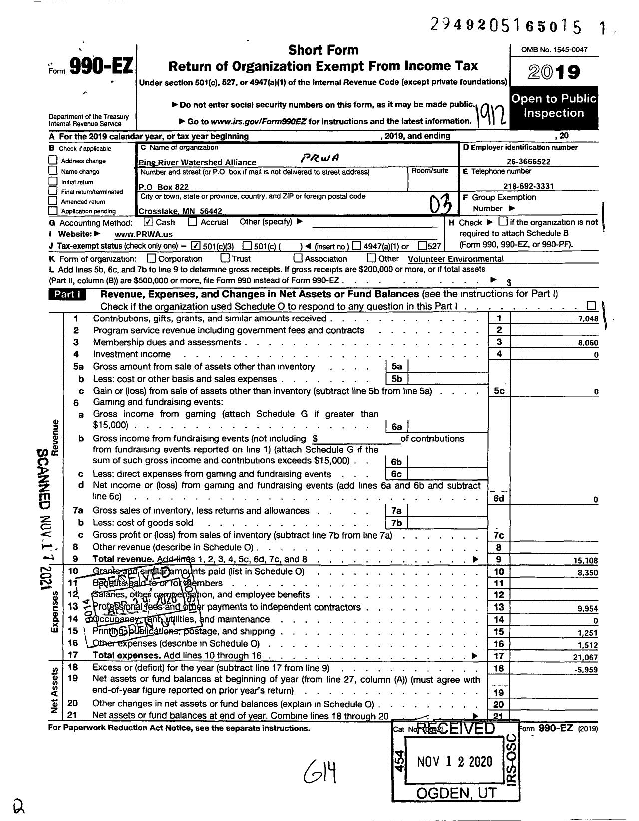 Image of first page of 2019 Form 990EZ for Pine River Watershed Alliance