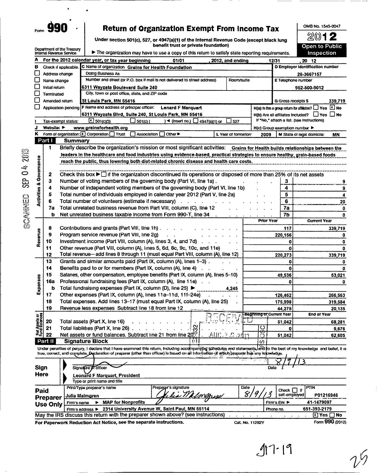Image of first page of 2012 Form 990 for Grains for Health Foundation