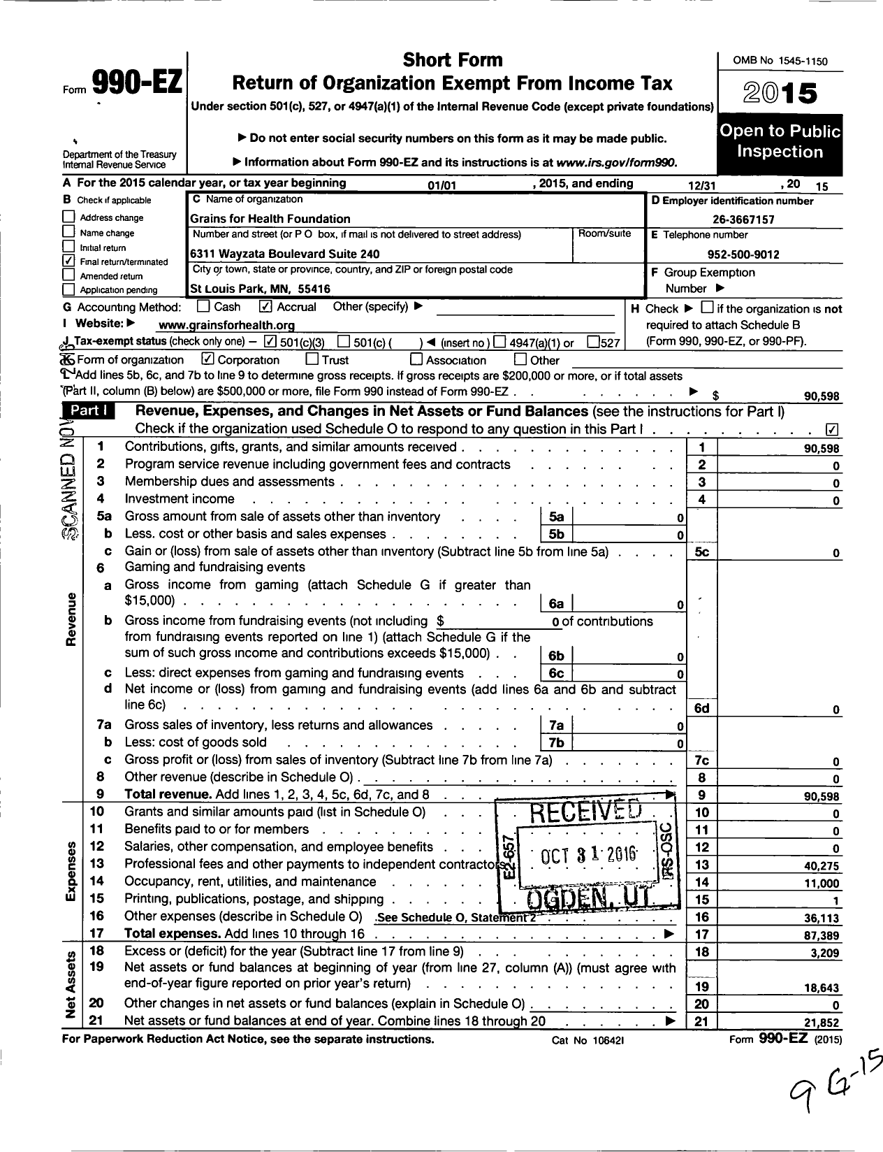 Image of first page of 2015 Form 990EZ for Grains for Health Foundation