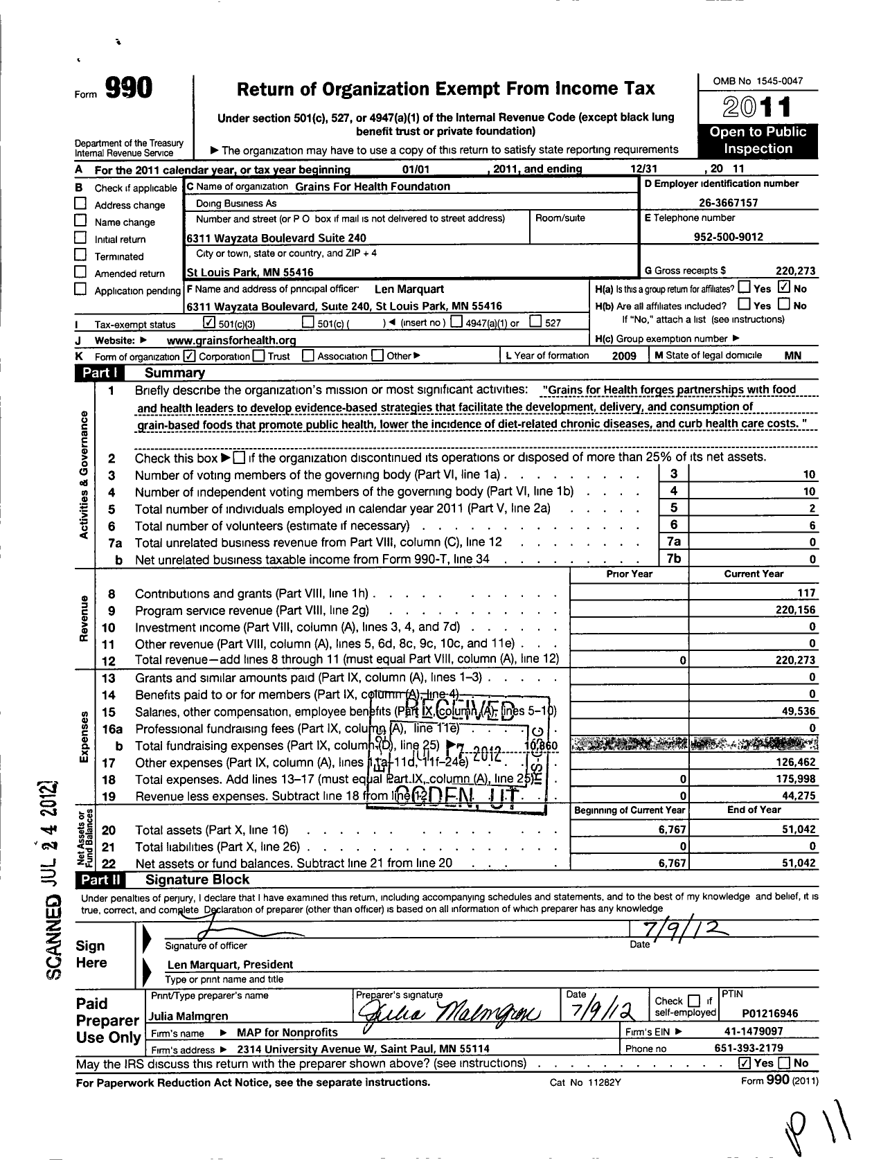 Image of first page of 2011 Form 990 for Grains for Health Foundation