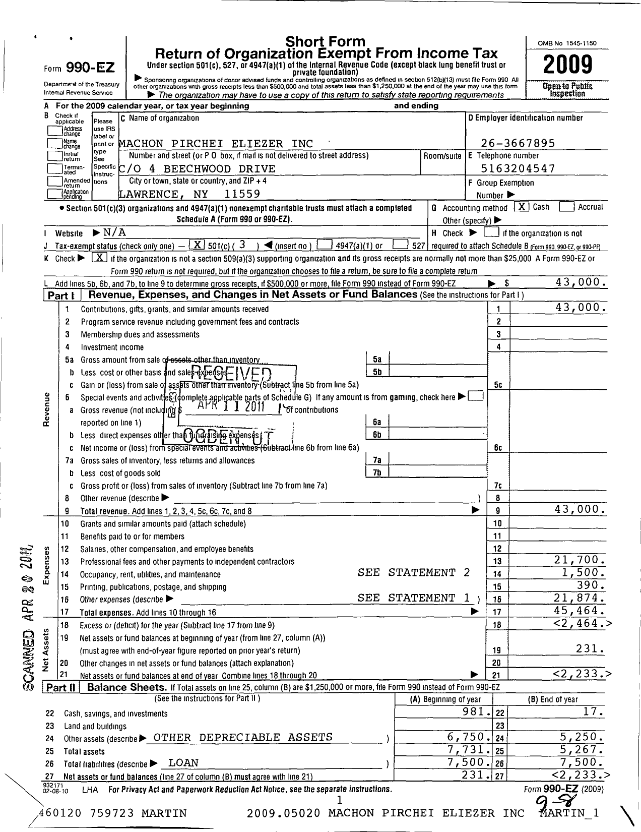 Image of first page of 2009 Form 990EZ for Machon Pirchei Eliezer