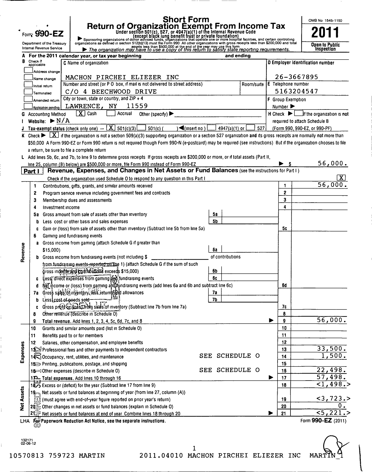 Image of first page of 2011 Form 990EZ for Machon Pirchei Eliezer