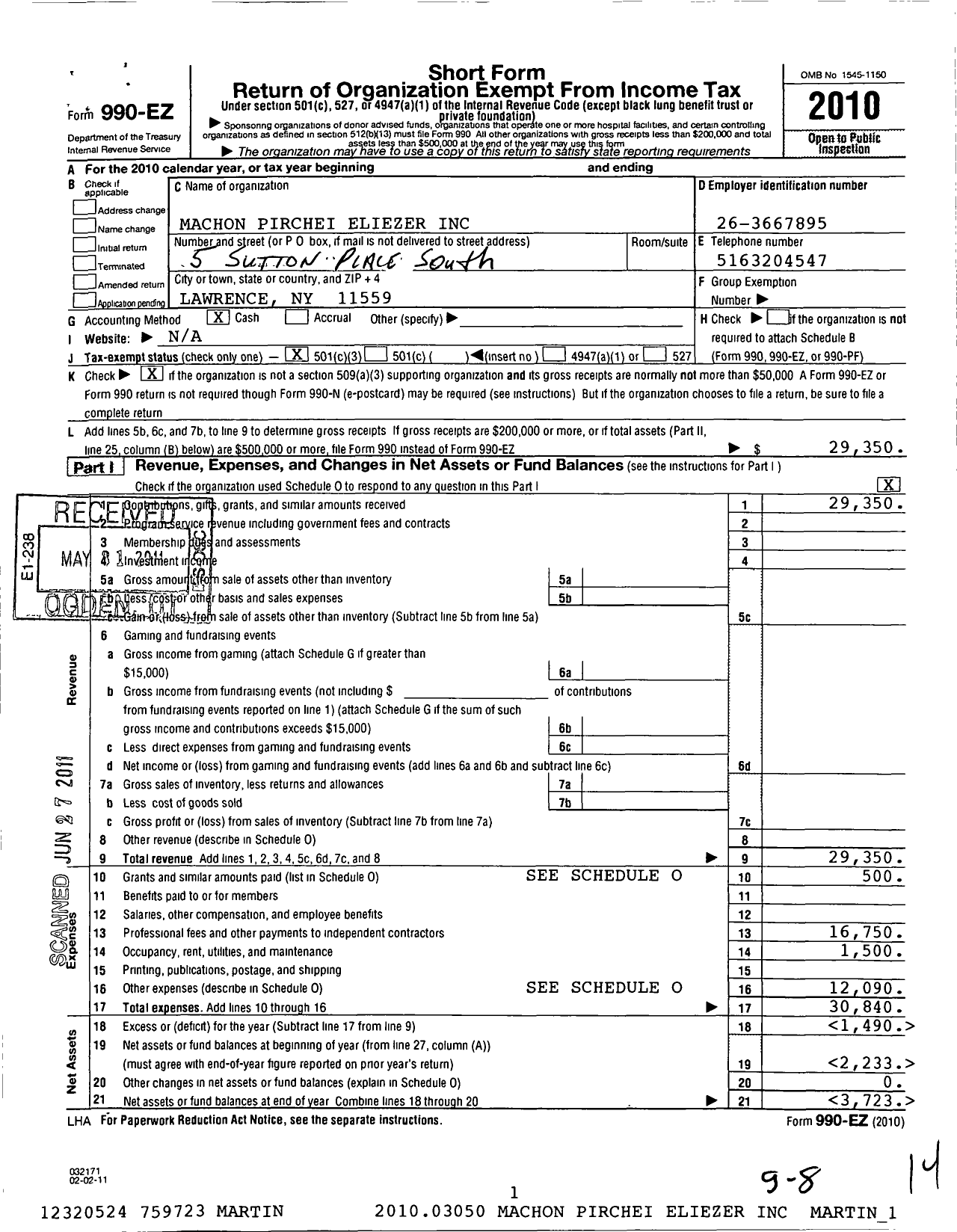 Image of first page of 2010 Form 990EZ for Machon Pirchei Eliezer