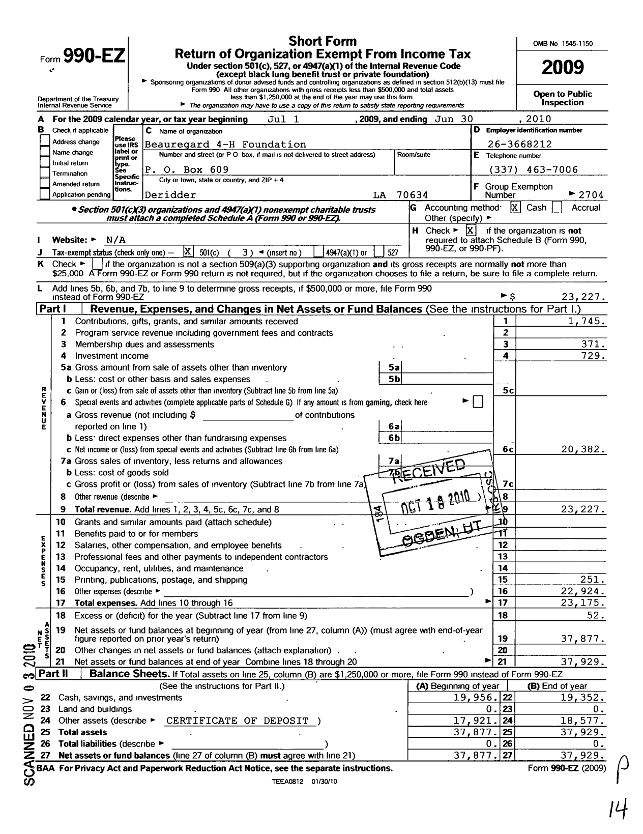 Image of first page of 2009 Form 990 for Louisiana 4-H Foundation / Beauregard 4-H Foundation