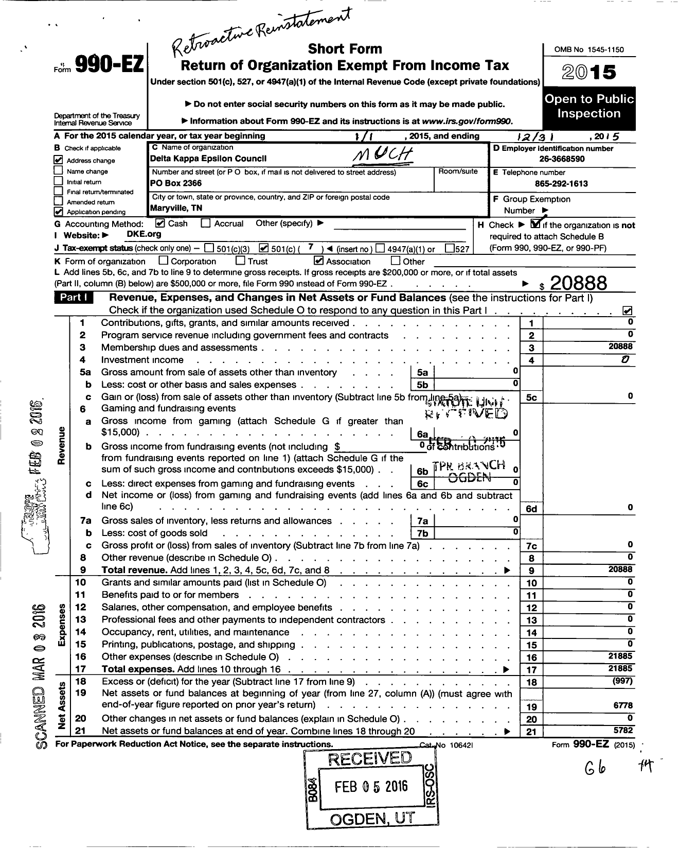 Image of first page of 2015 Form 990EO for Delta Kappa Epsilon Council Mu Chi Chapter