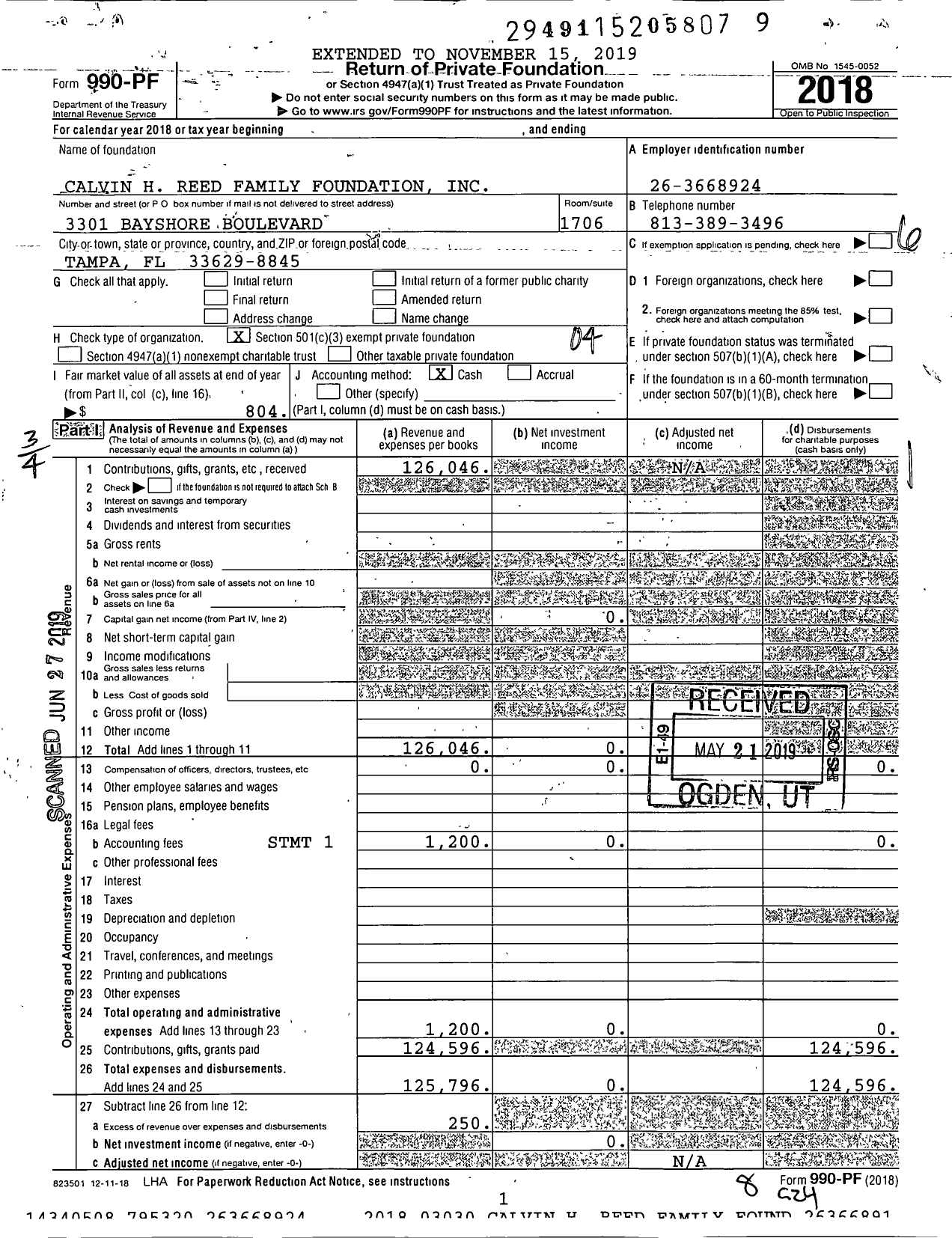 Image of first page of 2018 Form 990PF for Calvin H Reed Family Foundation