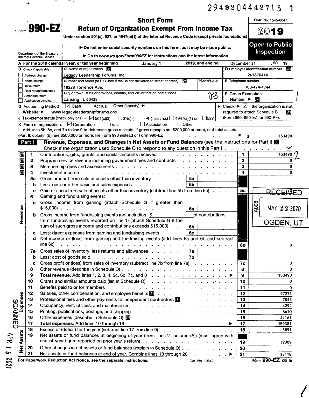 Image of first page of 2019 Form 990EZ for CBMC Chicagoland Name Amended To Legacy Leadership Forums