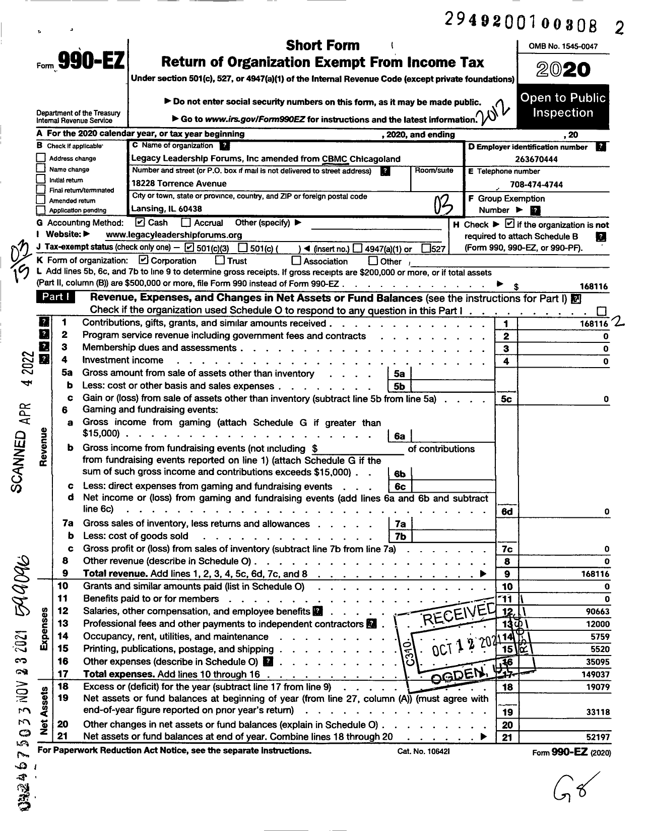 Image of first page of 2020 Form 990EZ for CBMC Chicagoland Name Amended To Legacy Leadership Forums