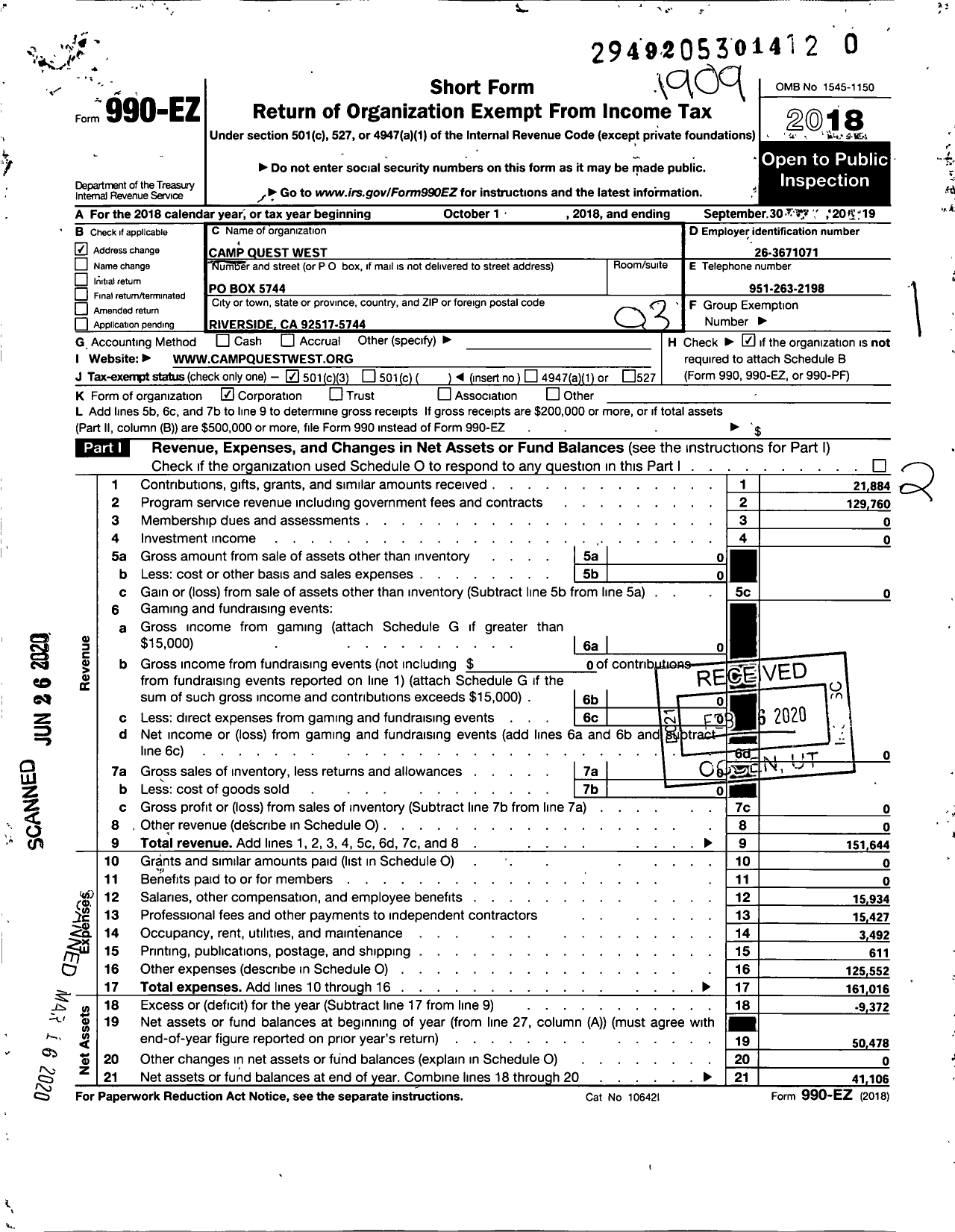 Image of first page of 2018 Form 990EZ for Camp Quest West