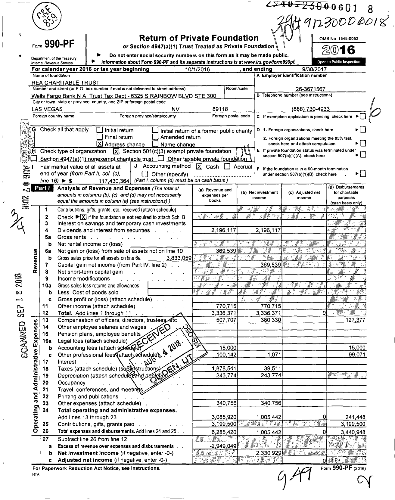 Image of first page of 2016 Form 990PF for Rea Charitable Trust - Main