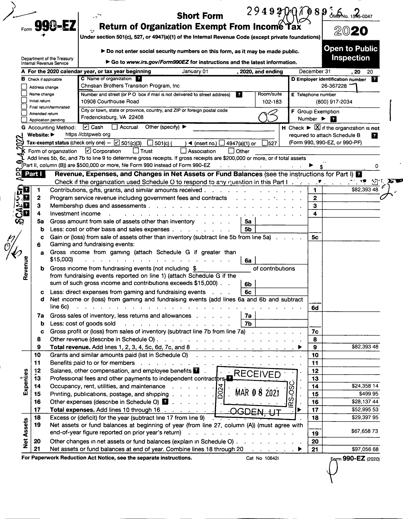 Image of first page of 2020 Form 990EZ for Christian Brothers Transition Program