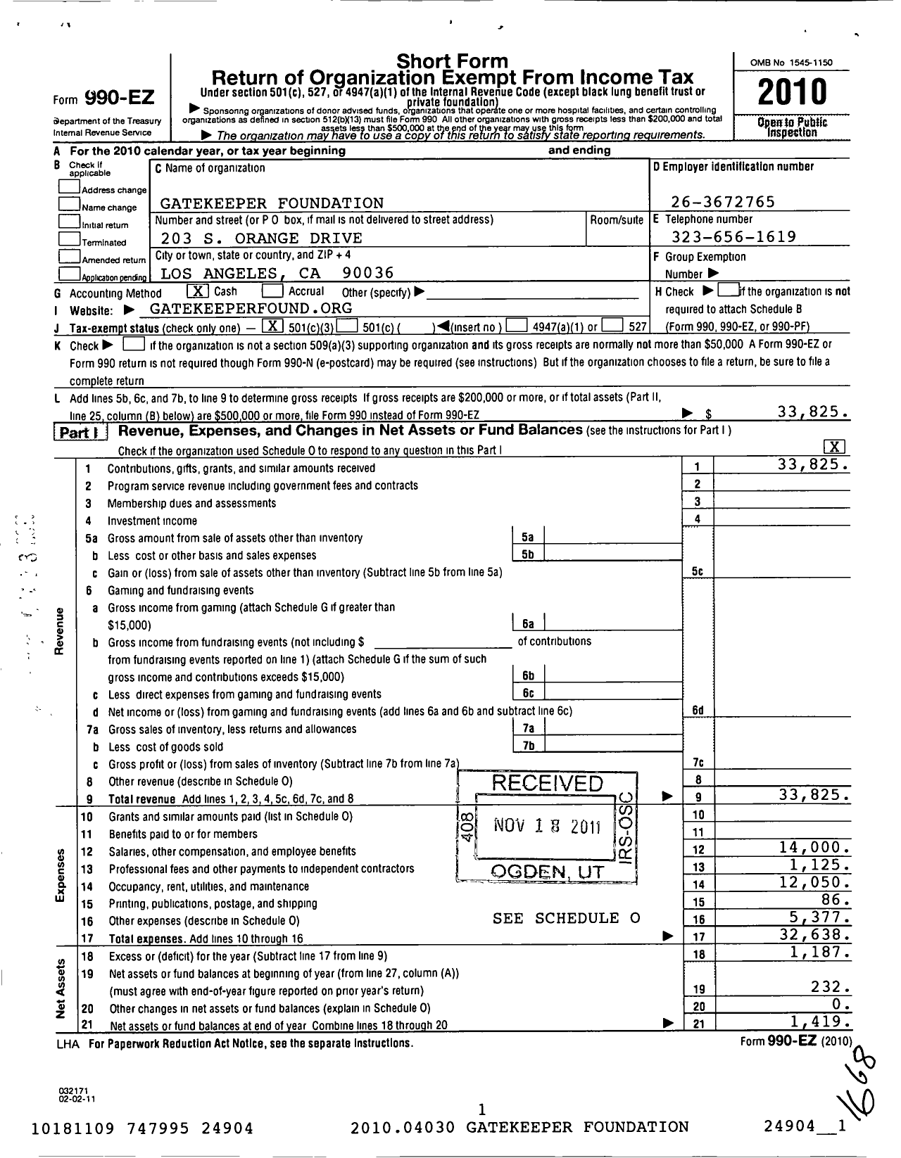 Image of first page of 2010 Form 990EZ for Gatekeeper Foundation