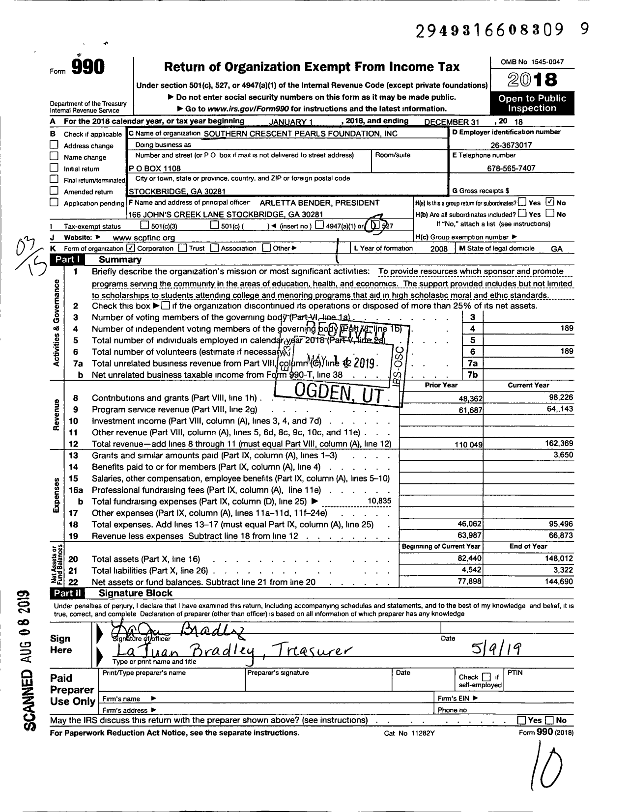 Image of first page of 2018 Form 990 for Southern Crescent Pearls Foundation