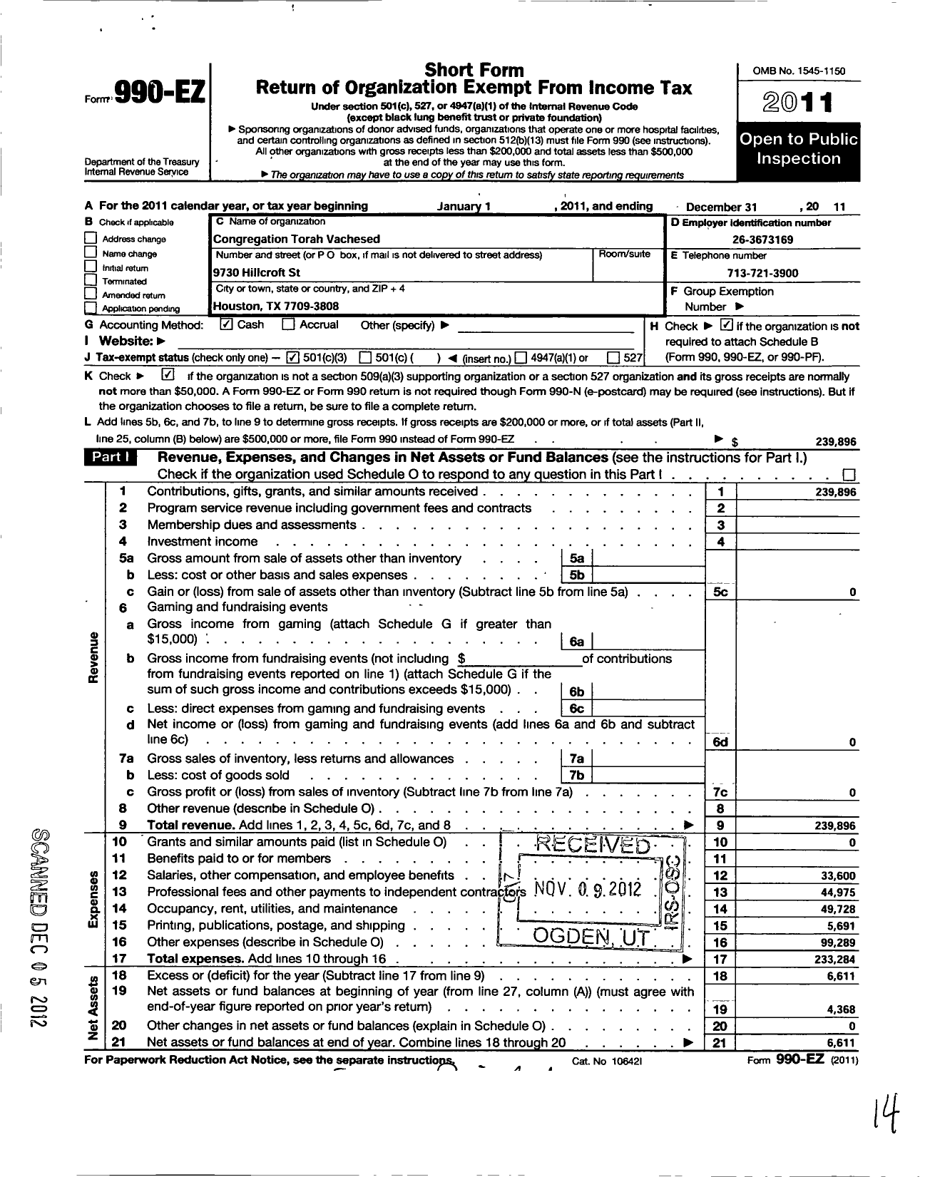 Image of first page of 2011 Form 990EZ for Congregation Torah Vachesed