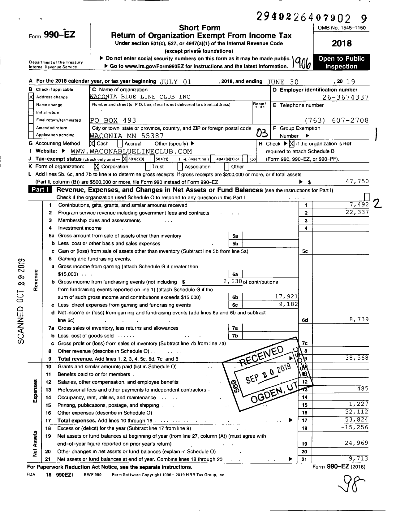 Image of first page of 2018 Form 990EZ for Waconia Blue Line Club