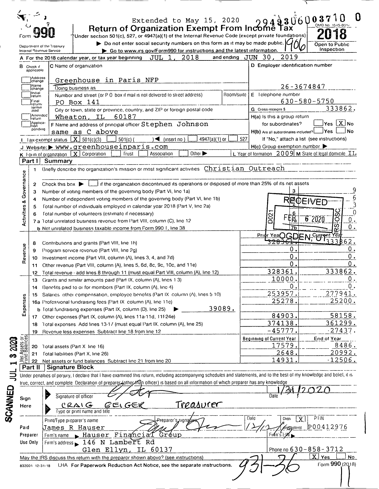 Image of first page of 2018 Form 990 for Greenhouse in Paris NFP