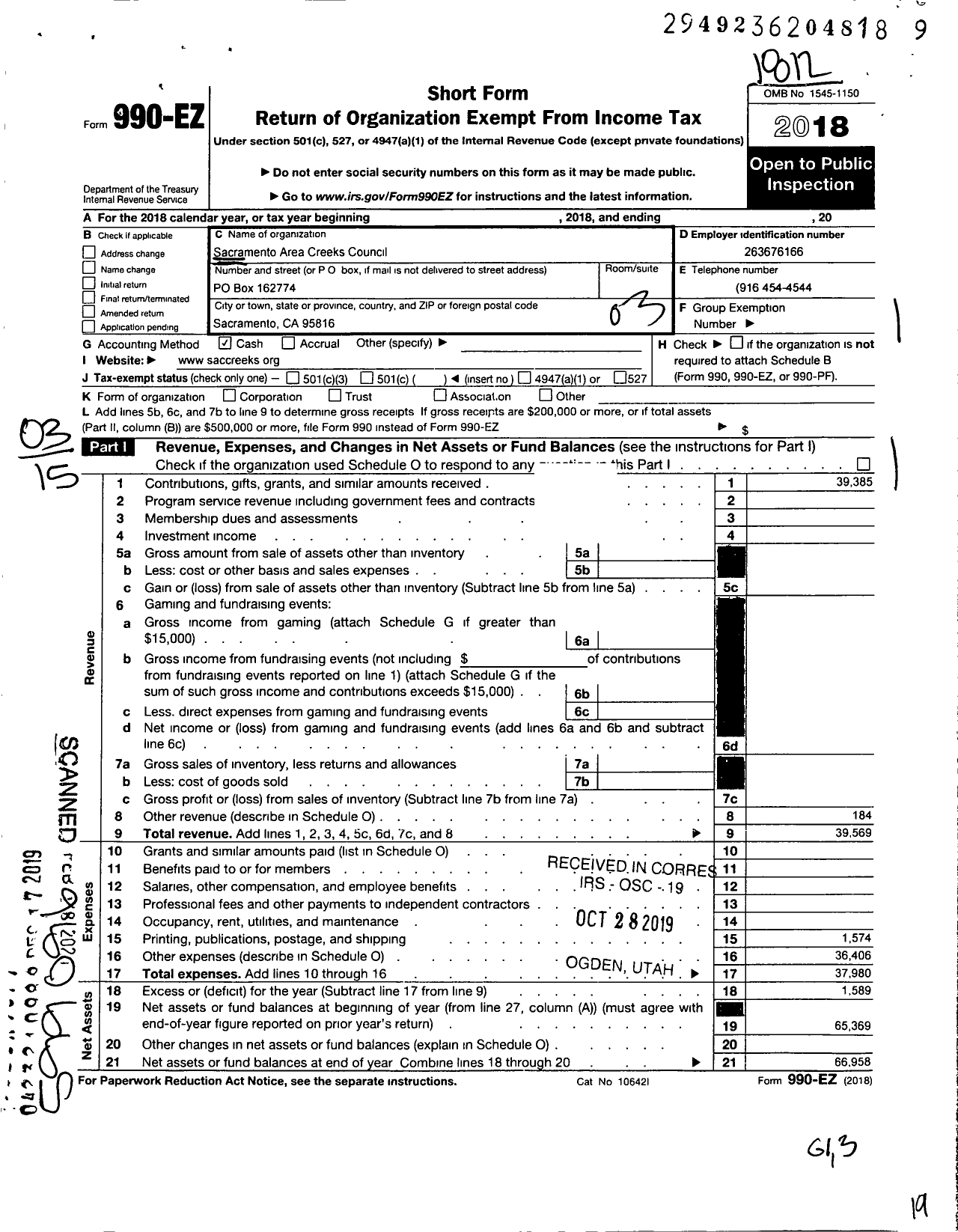 Image of first page of 2018 Form 990EZ for Sacramento Area Creeks Council